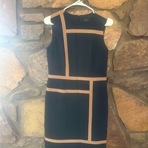 Ann Taylor Black Midi Sheath Dress with Tan Trim